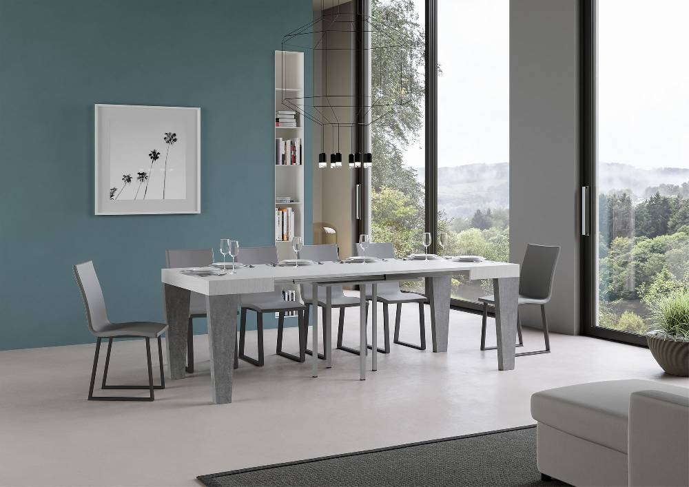 Itamoby Tavolo Spimbo Mix Allungabile Piano Bianco Frassino Gambe Cemento 90×90 Allungato 246