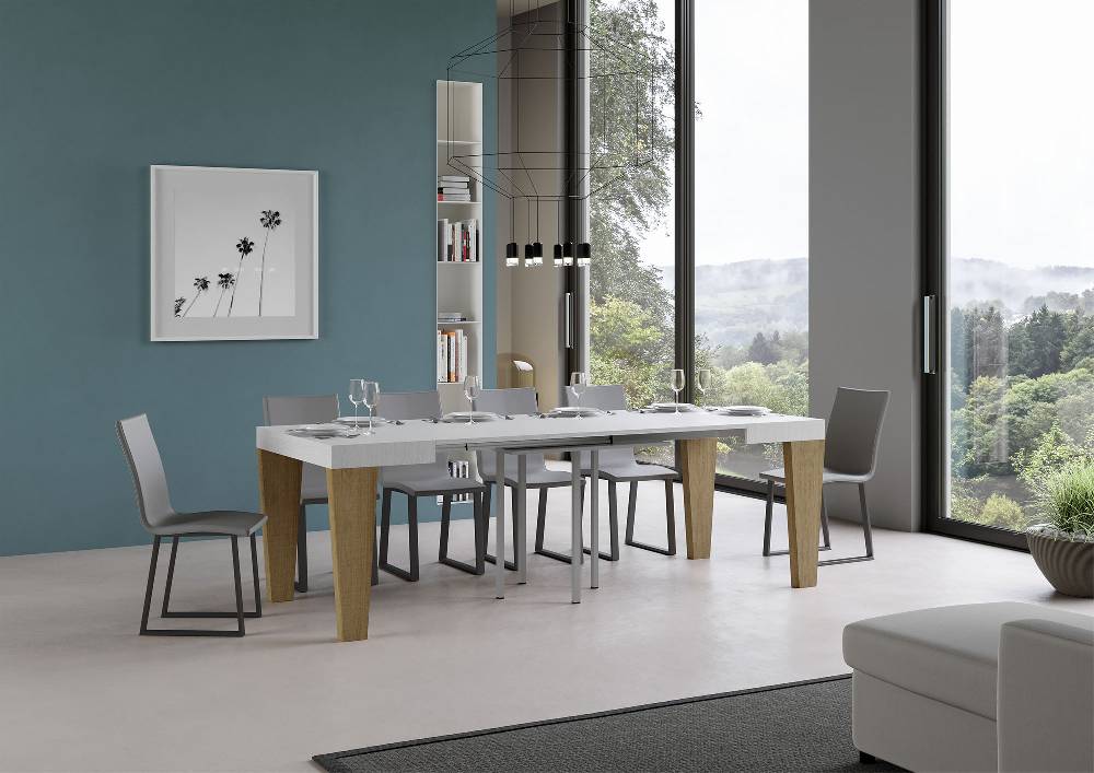 Itamoby Tavolo Spimbo Mix Allungabile Piano Bianco Frassino Gambe Quercia Natura 90×90 Allungato 246