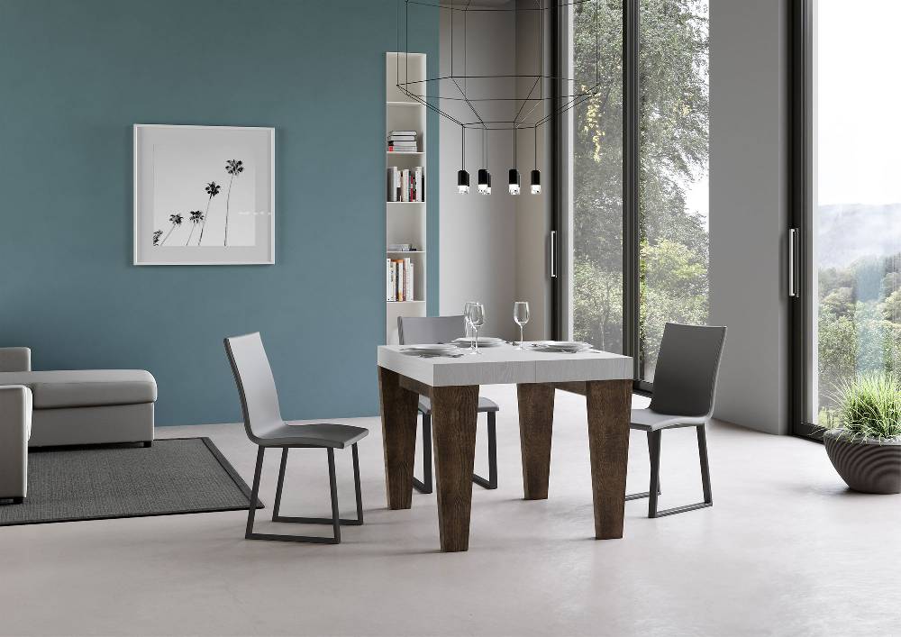 Itamoby Tavolo Spimbo Mix Allungabile Piano Bianco Frassino Gambe Noce 90×90 Allungato 246