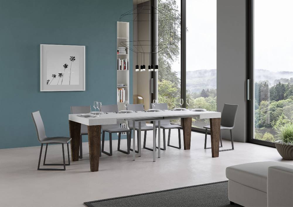 Itamoby Tavolo Spimbo Mix Allungabile Piano Bianco Frassino Gambe Noce 90×90 Allungato 246