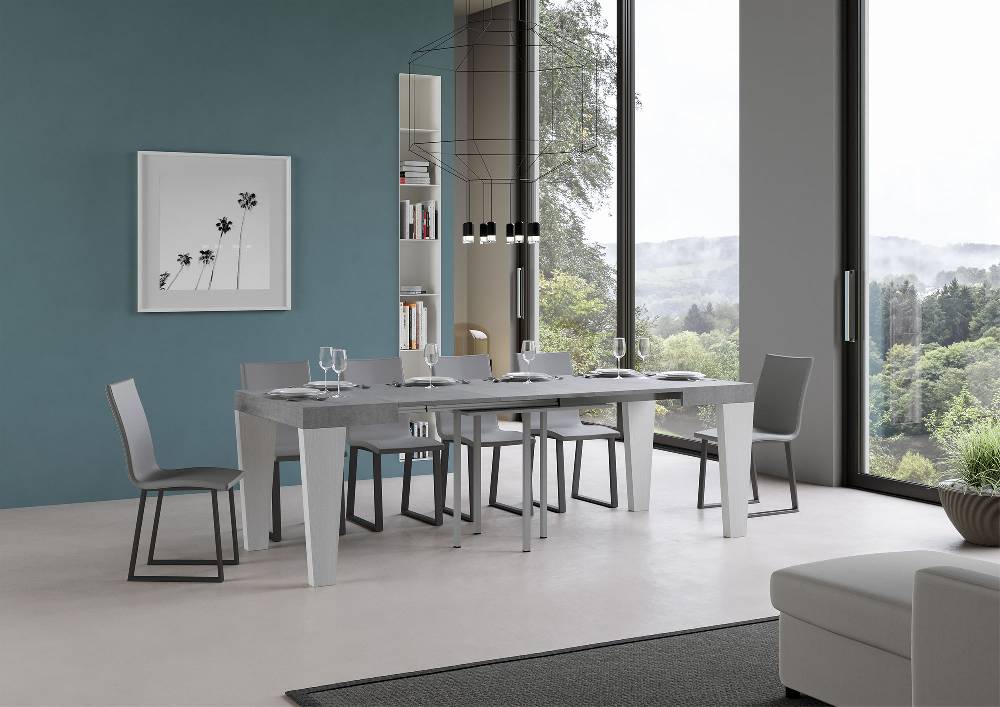 Itamoby Tavolo Spimbo Mix Allungabile Piano Cemento Gambe Bianco Frassino 90×90 Allungato 246