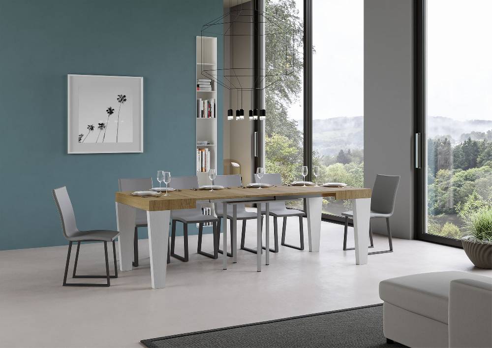 Itamoby Tavolo Spimbo Mix Allungabile Piano Quercia Natura Gambe Bianco Frassino 90×90 Allungato 246