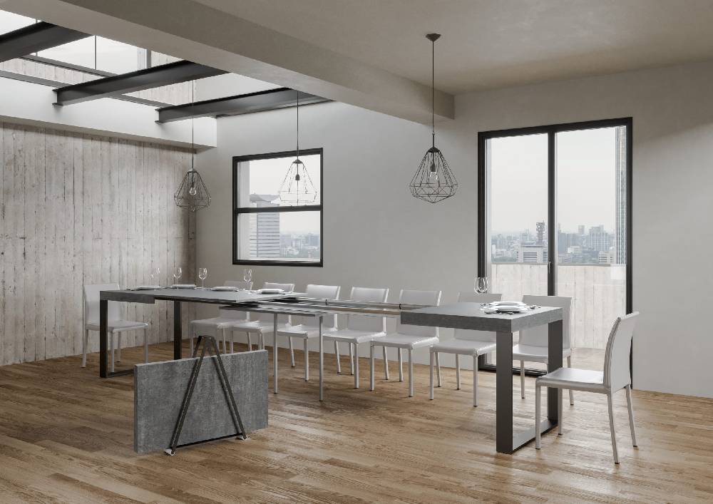 Itamoby Tavolo Tecno Allungabile Piano Cemento 90×180 Allungato 440 Telaio Antracite