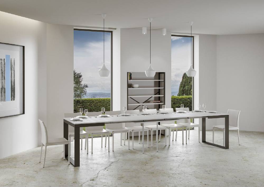 Itamoby Tavolo Tecno Evolution Piano Bianco Frassino 90×120 Allungato 90×380 Telaio Antracite