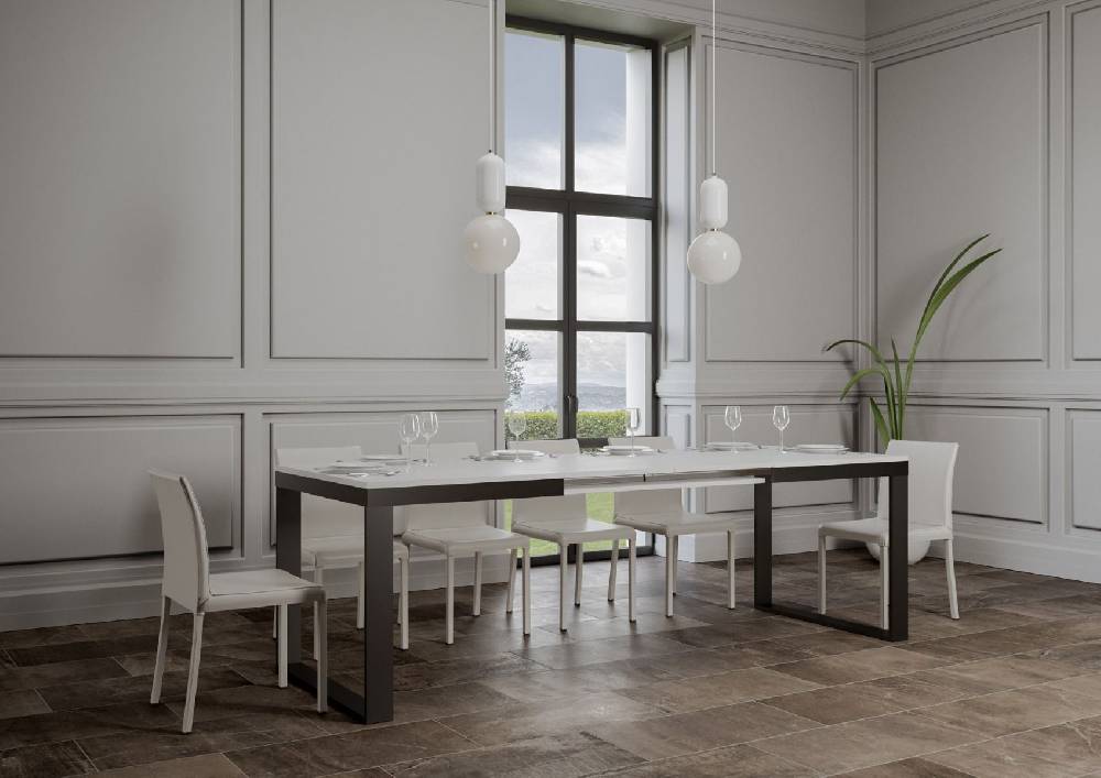 Itamoby Tavolo Tecno Evolution Piano Bianco Frassino 90×180 Allungato 90×284 Telaio Antracite