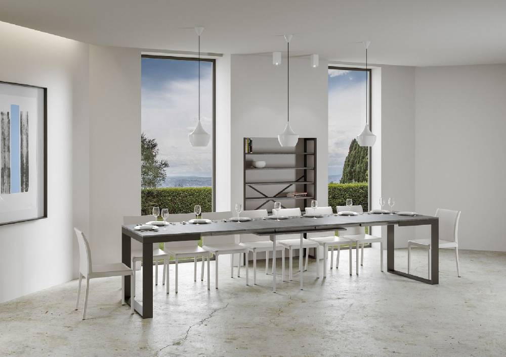 Itamoby Tavolo Tecno Evolution Piano Cemento 90×120 Allungato 90×380 Telaio Antracite