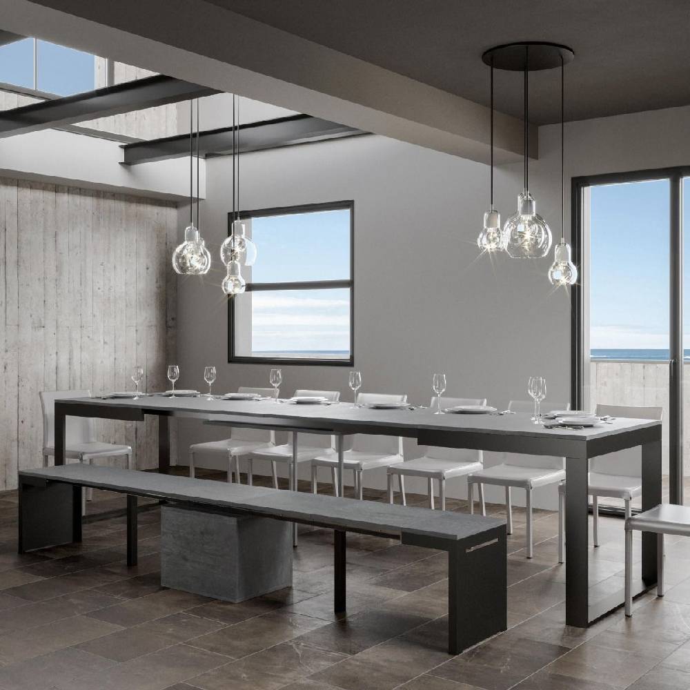 Itamoby Tavolo Tecno Evolution Piano Cemento 90×160 Allungato 90×420 Telaio Antracite