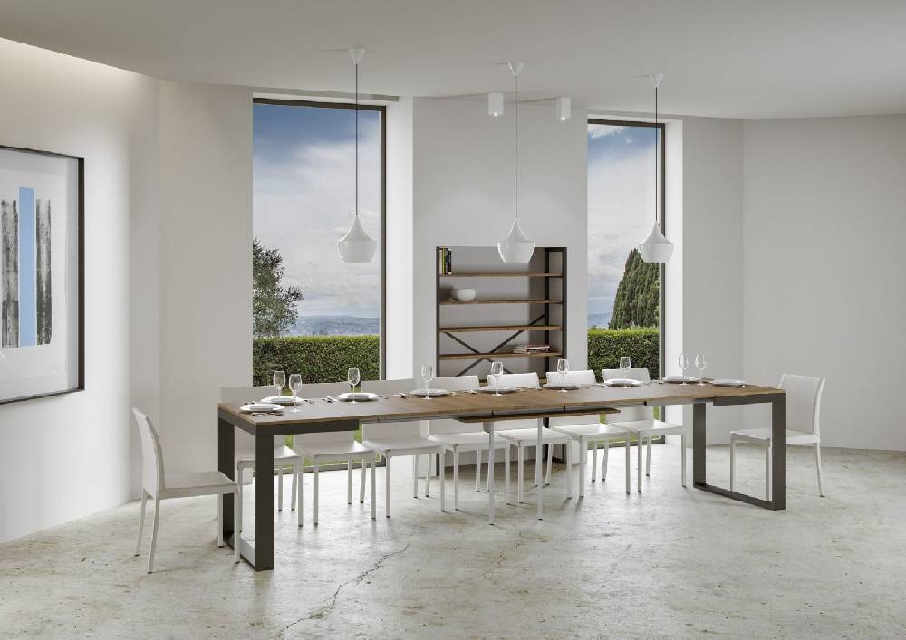 Itamoby Tavolo Tecno Evolution Piano Noce 90×120 Allungato 90×380 Telaio Antracite