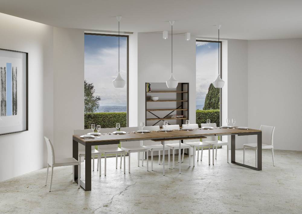 Itamoby Tavolo Tecno Evolution Piano Noce 90×180 Allungato 90×440 Telaio Antracite