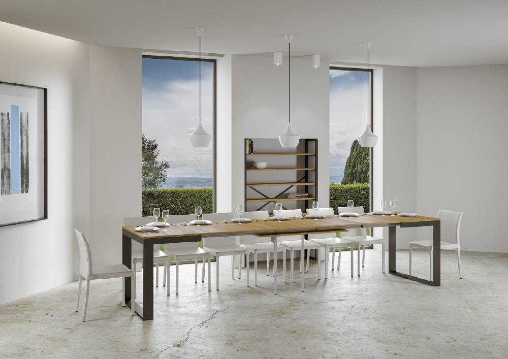 Itamoby Tavolo Tecno Evolution Piano Quercia Natura 90×120 Allungato 90×380 Telaio Antracite