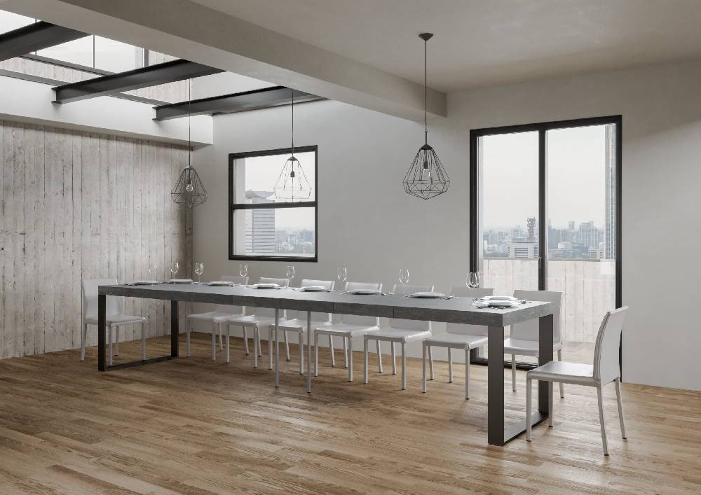 Itamoby Tavolo Tecno Premium Allungabile Piano Cemento 90×180 Allungato 440 Telaio Antracite