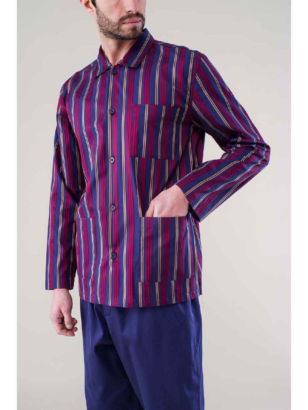 Julipet Pigiama Aperto Gessato In 100% Popeline Tinto Filo