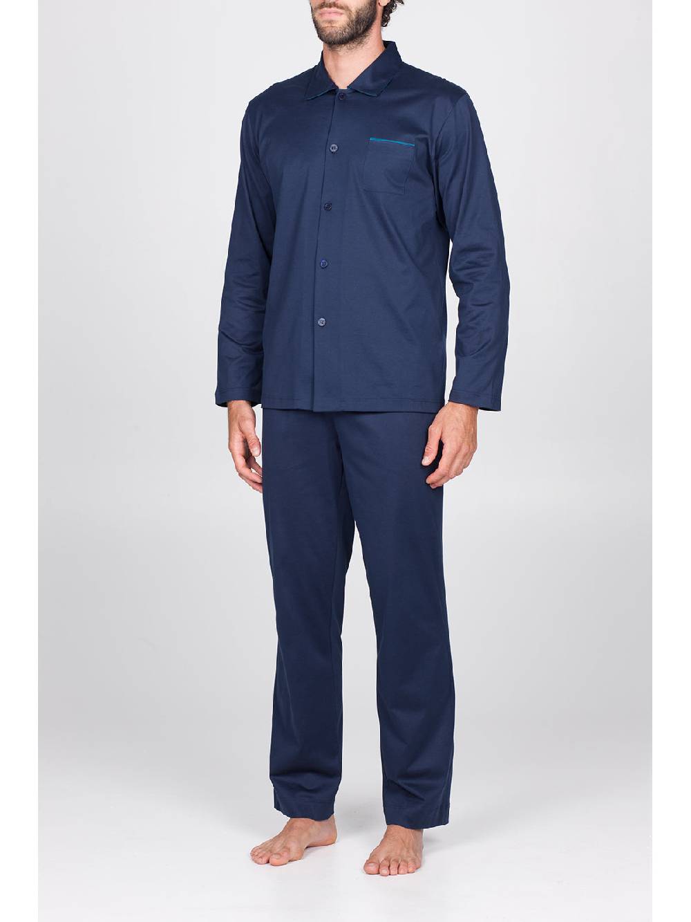 Julipet Pigiama Aperto In Setoso Puro Cotone Mercerizzato Blu, Con Colletto Camicia