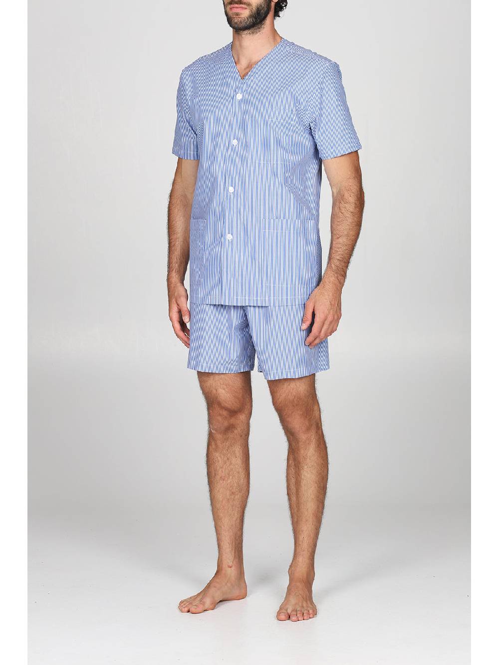 Julipet Pigiama Corto Aperto A Cardigan In Pregiato Popeline Tinto In Filo A Righe