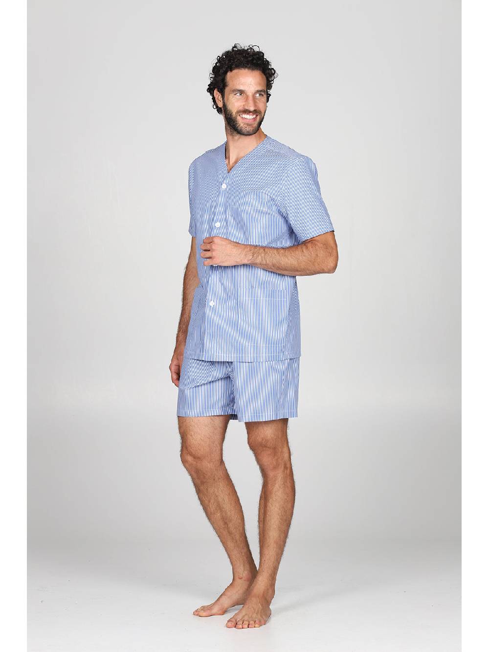 Julipet Pigiama Corto Aperto A Cardigan In Pregiato Popeline Tinto In Filo A Righe