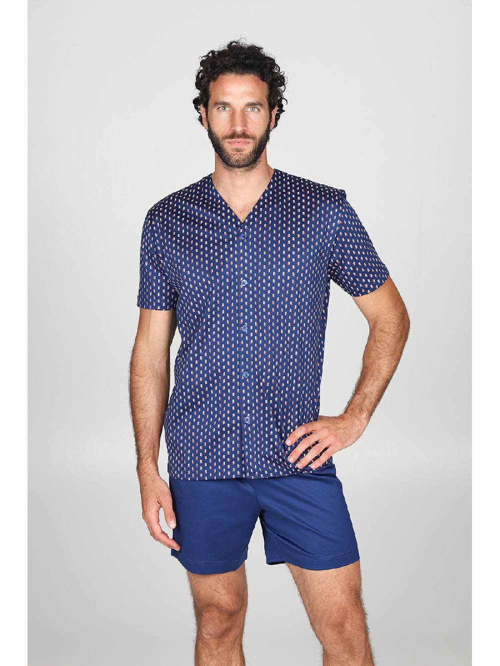 Julipet Pigiama Corto Aperto, In Setoso Puro Cotone Mercerizzato Con Classico Disegno Cravatteria