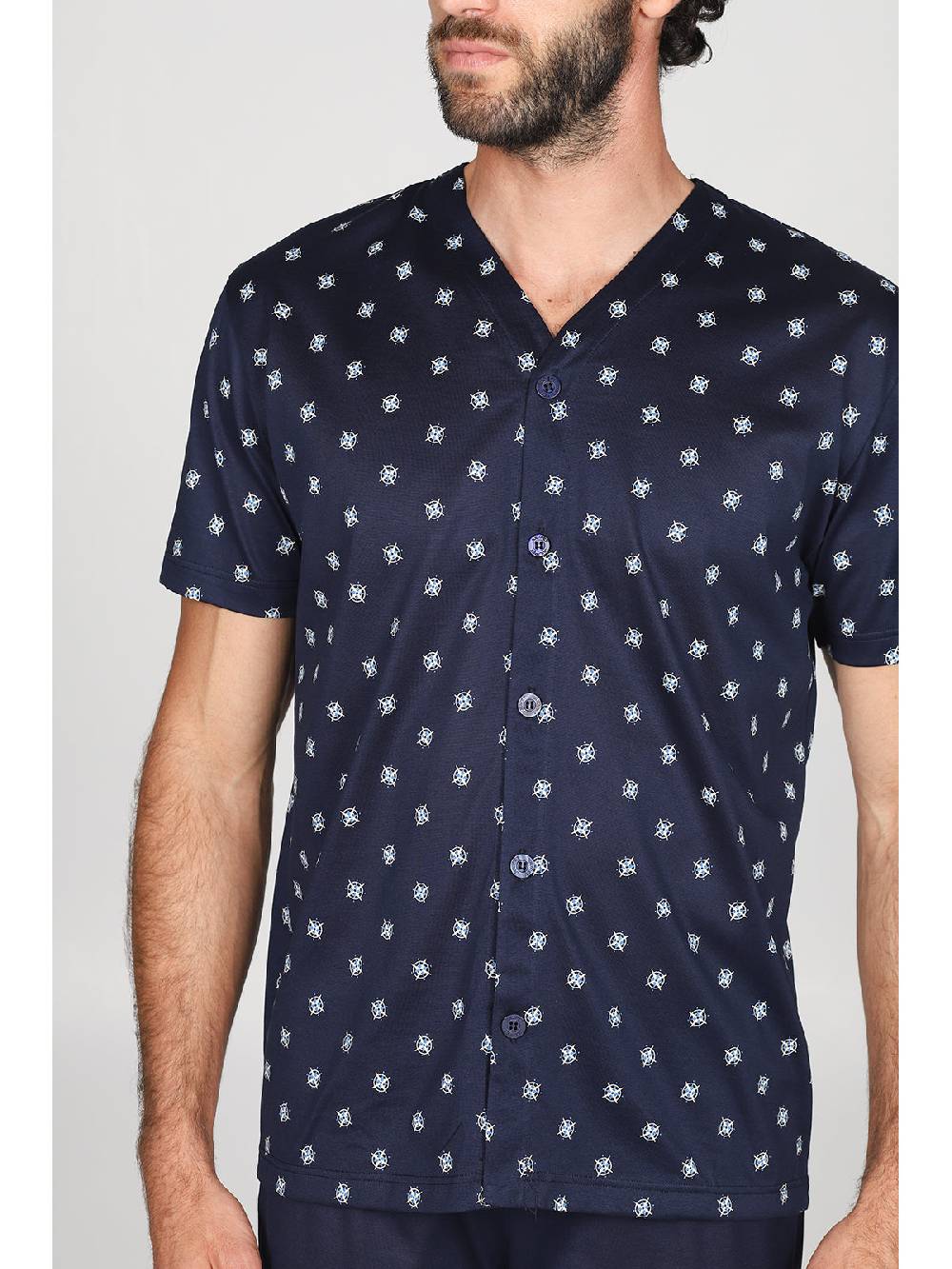 Julipet Pigiama Corto Aperto, In Setoso Puro Cotone Mercerizzato Con Classico Disegno Cravatteria