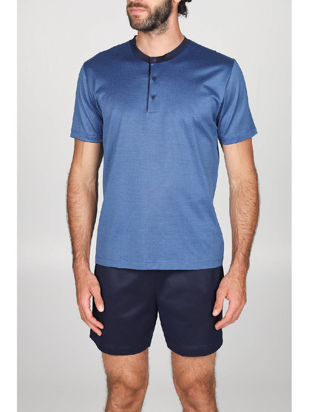 Julipet Pigiama Corto Collo A Serafino In Pregiato E Lucente 100% Filoscozia Fil A Fil Bluette