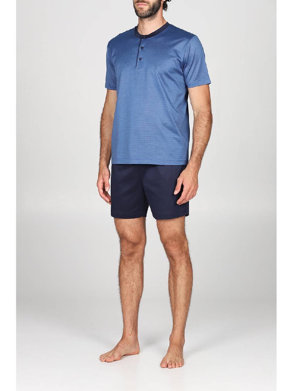 Julipet Pigiama Corto Collo A Serafino In Pregiato E Lucente 100% Filoscozia Fil A Fil Bluette