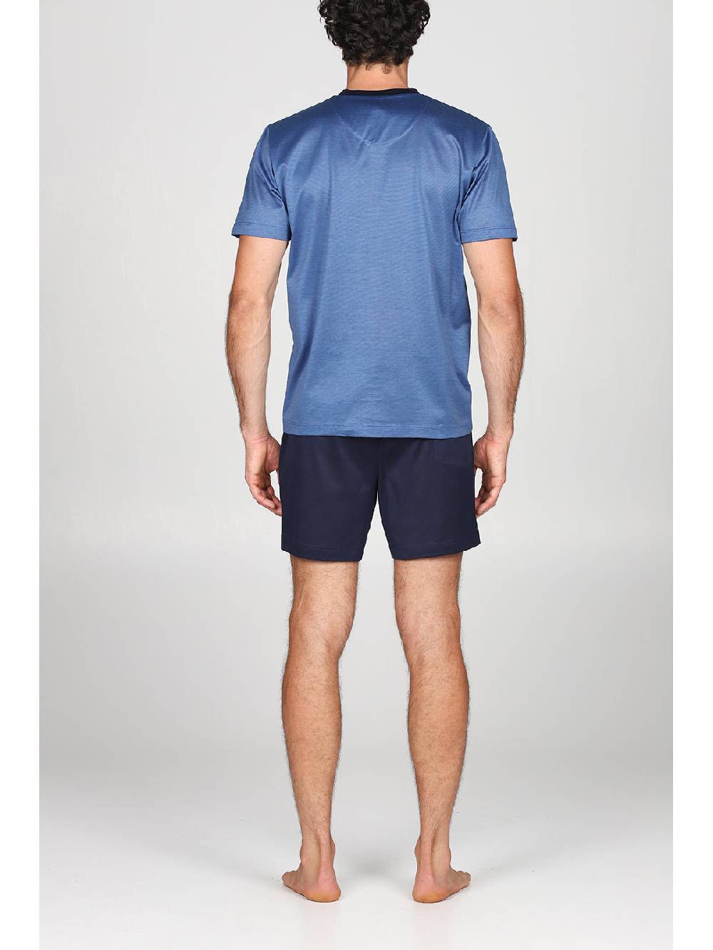 Julipet Pigiama Corto Collo A Serafino In Pregiato E Lucente 100% Filoscozia Fil A Fil Bluette