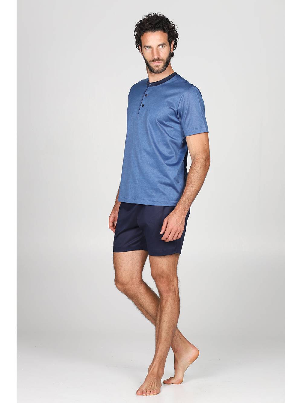 Julipet Pigiama Corto Collo A Serafino In Pregiato E Lucente 100% Filoscozia Fil A Fil Bluette