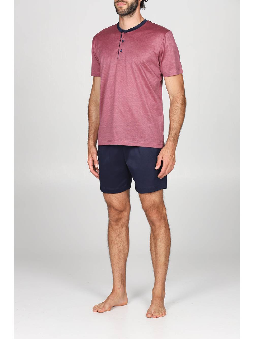 Julipet Pigiama Corto Collo Serafino In Pregiato 100% Filoscozia Fil A Fil Bordeaux