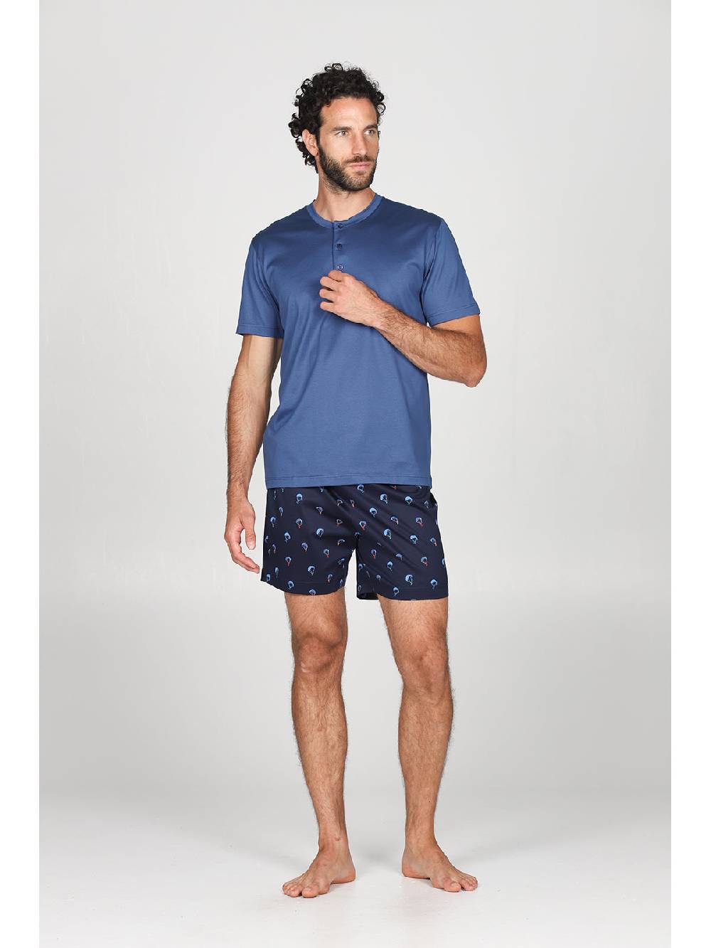 Julipet Pigiama Corto In Setoso Puro Cotone Con Disegno "parapendio" Sul Pantaloncino