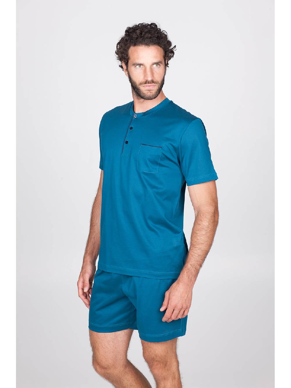 Julipet Pigiama Corto In Setoso Puro Cotone Mercerizzato Colore Petrolio