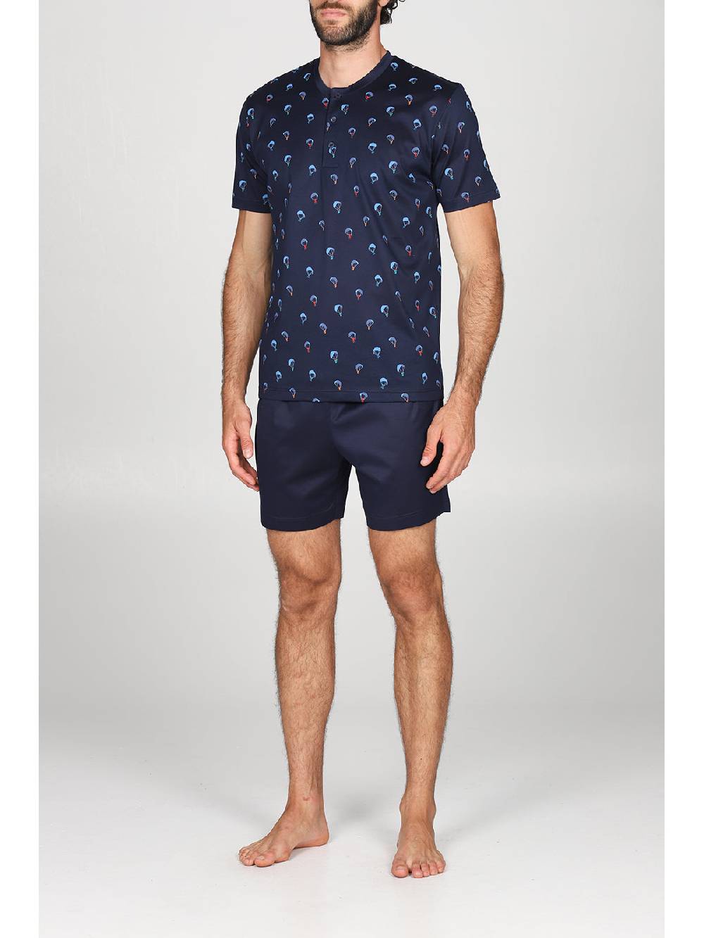 Julipet Pigiama Corto Serafino In Setoso Puro Cotone Mercerizzato Fantasia "parapendio"