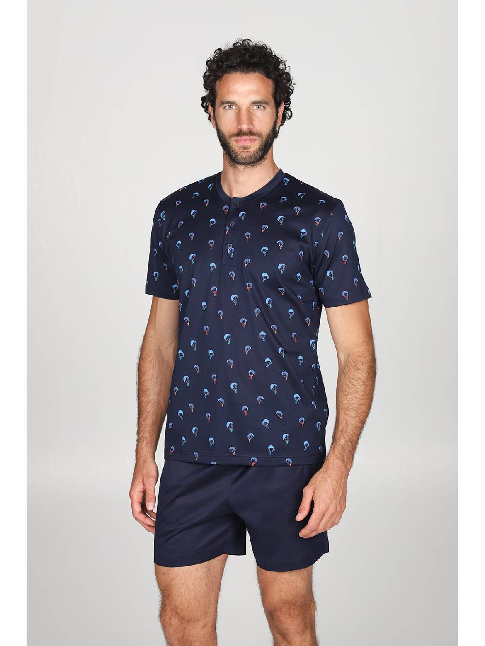 Julipet Pigiama Corto Serafino In Setoso Puro Cotone Mercerizzato Fantasia "parapendio"