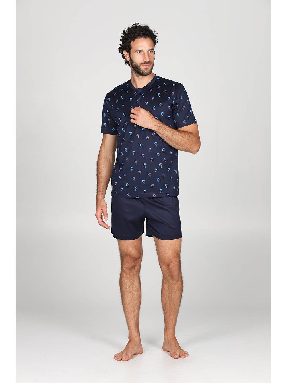 Julipet Pigiama Corto Serafino In Setoso Puro Cotone Mercerizzato Fantasia "parapendio"