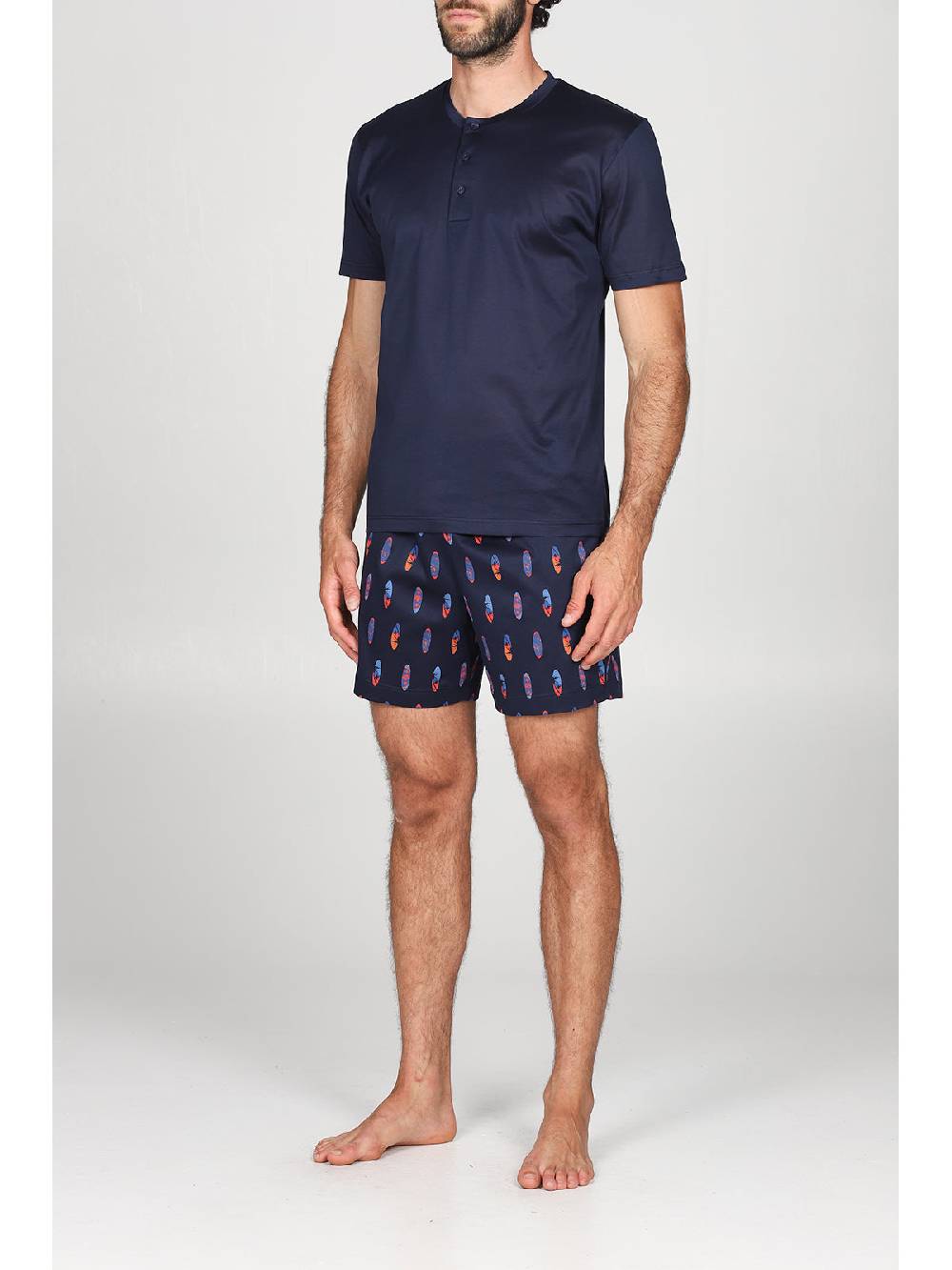 Julipet Pigiama Corto Serafino In Setoso Puro Cotone Mercerizzato Fantasia "surf" Nei Pantaloncini