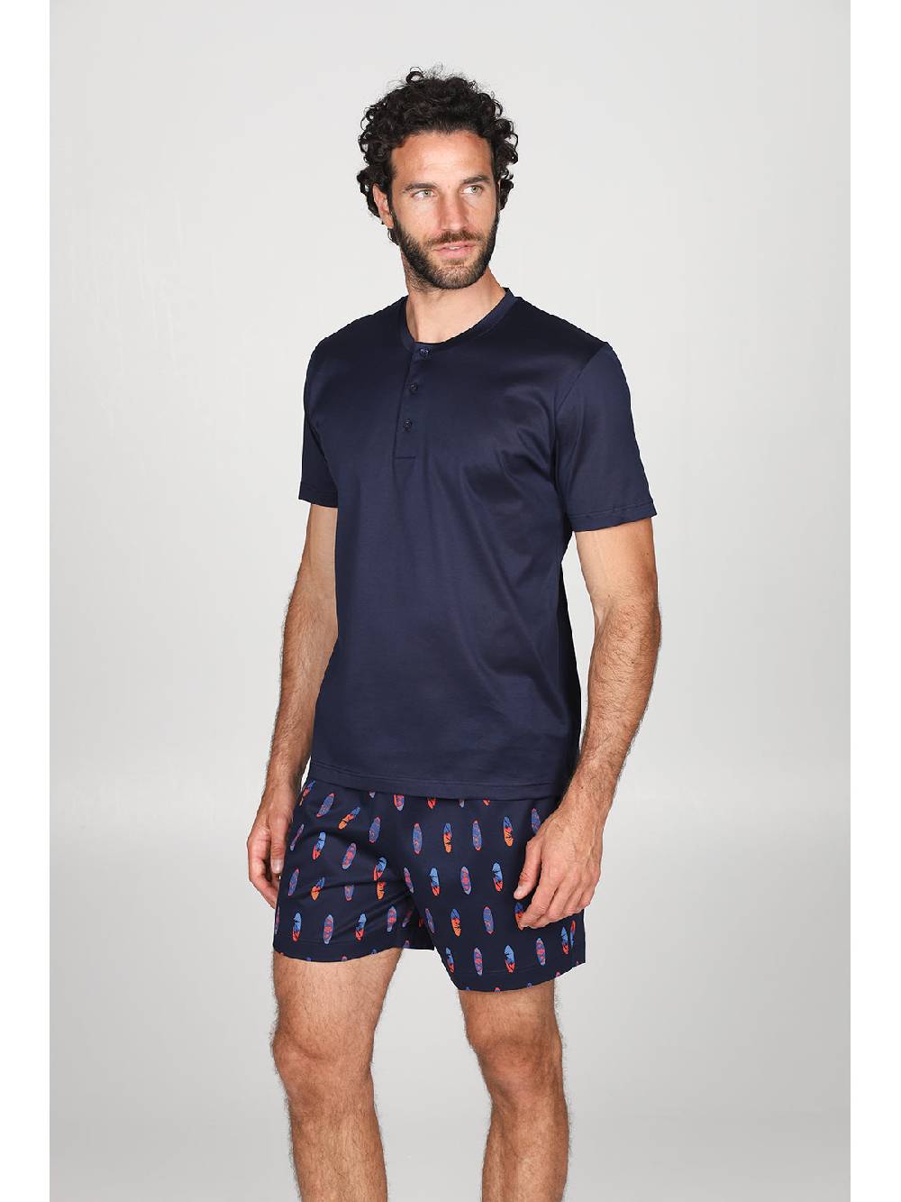 Julipet Pigiama Corto Serafino In Setoso Puro Cotone Mercerizzato Fantasia "surf" Nei Pantaloncini