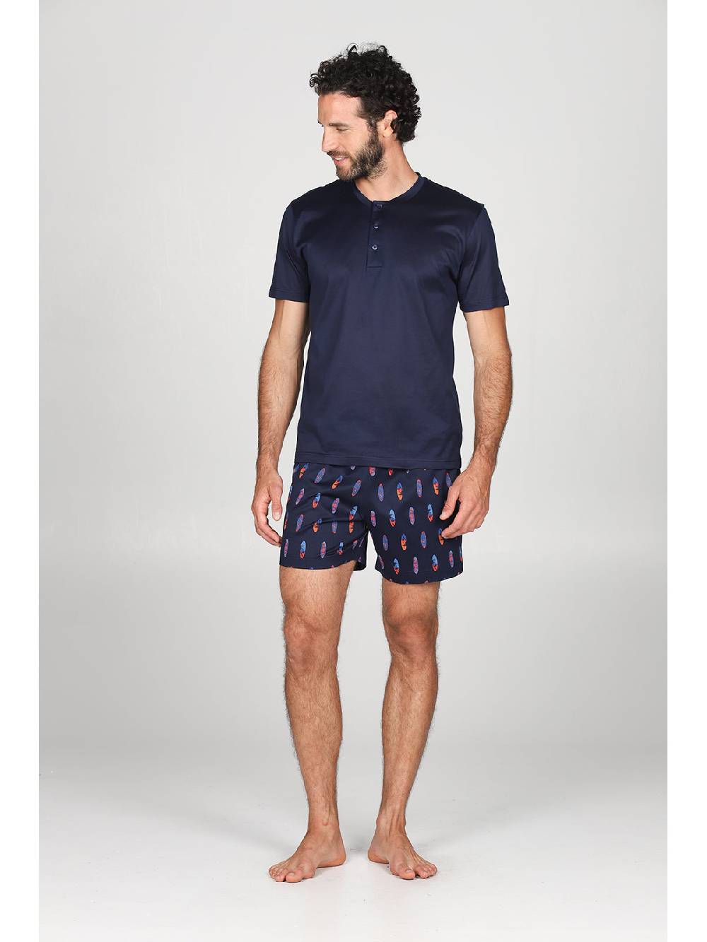 Julipet Pigiama Corto Serafino In Setoso Puro Cotone Mercerizzato Fantasia "surf" Nei Pantaloncini