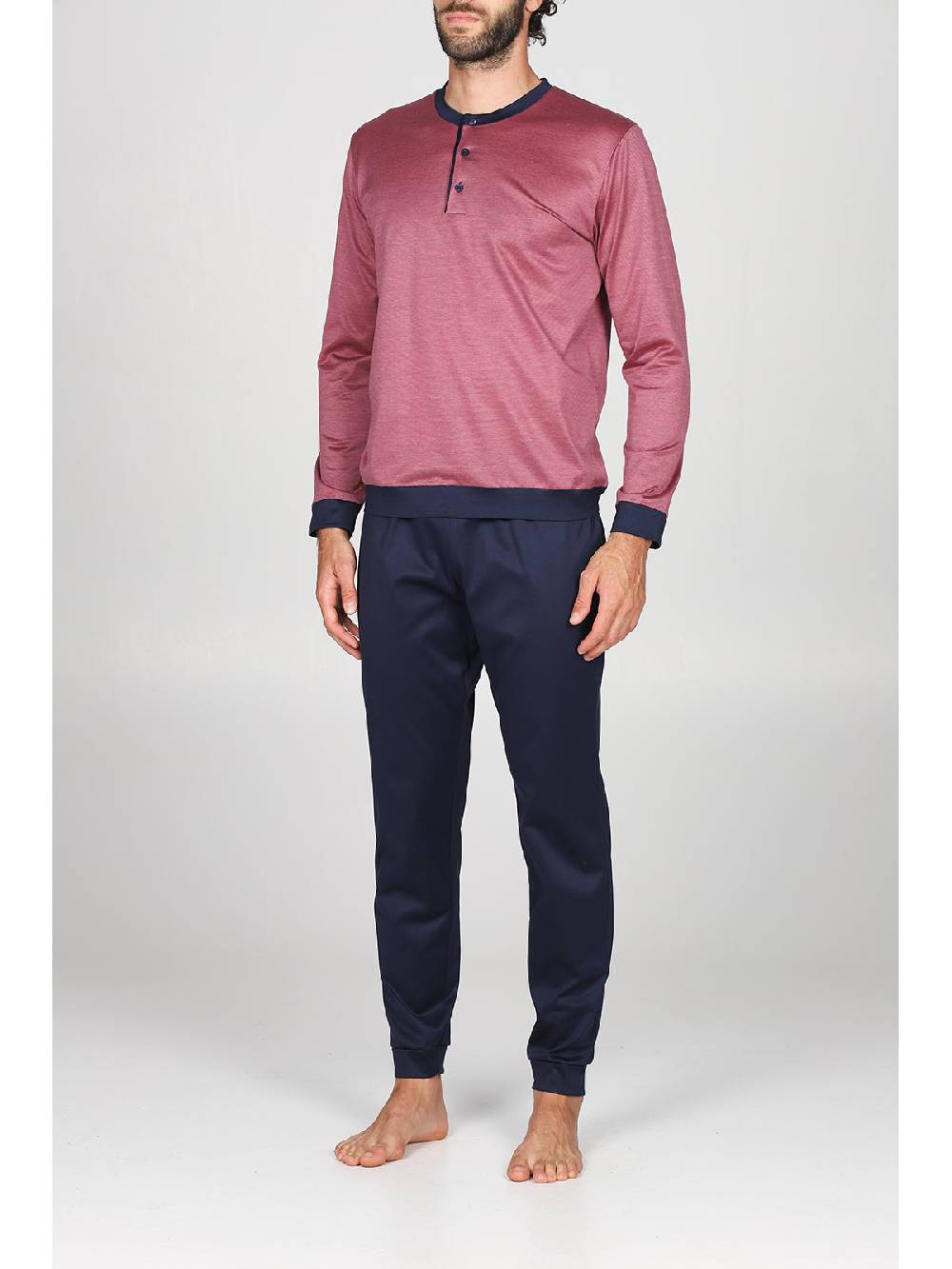 Julipet Pigiama In Pregiato 100% Filoscozia Tinto In Filo Bordeaux, Con Polsini