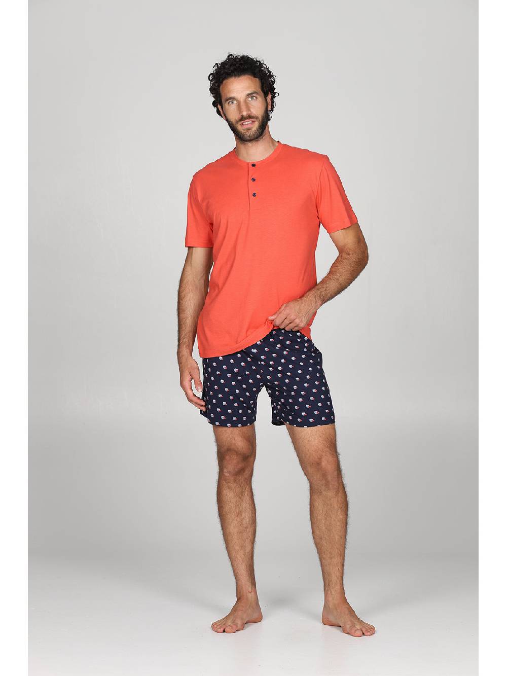 Julipet Pigiama Serafino, In Esclusivo Jersey Di Puro Cotone S/z, Disegno "pesci" Nei Pantaloncini