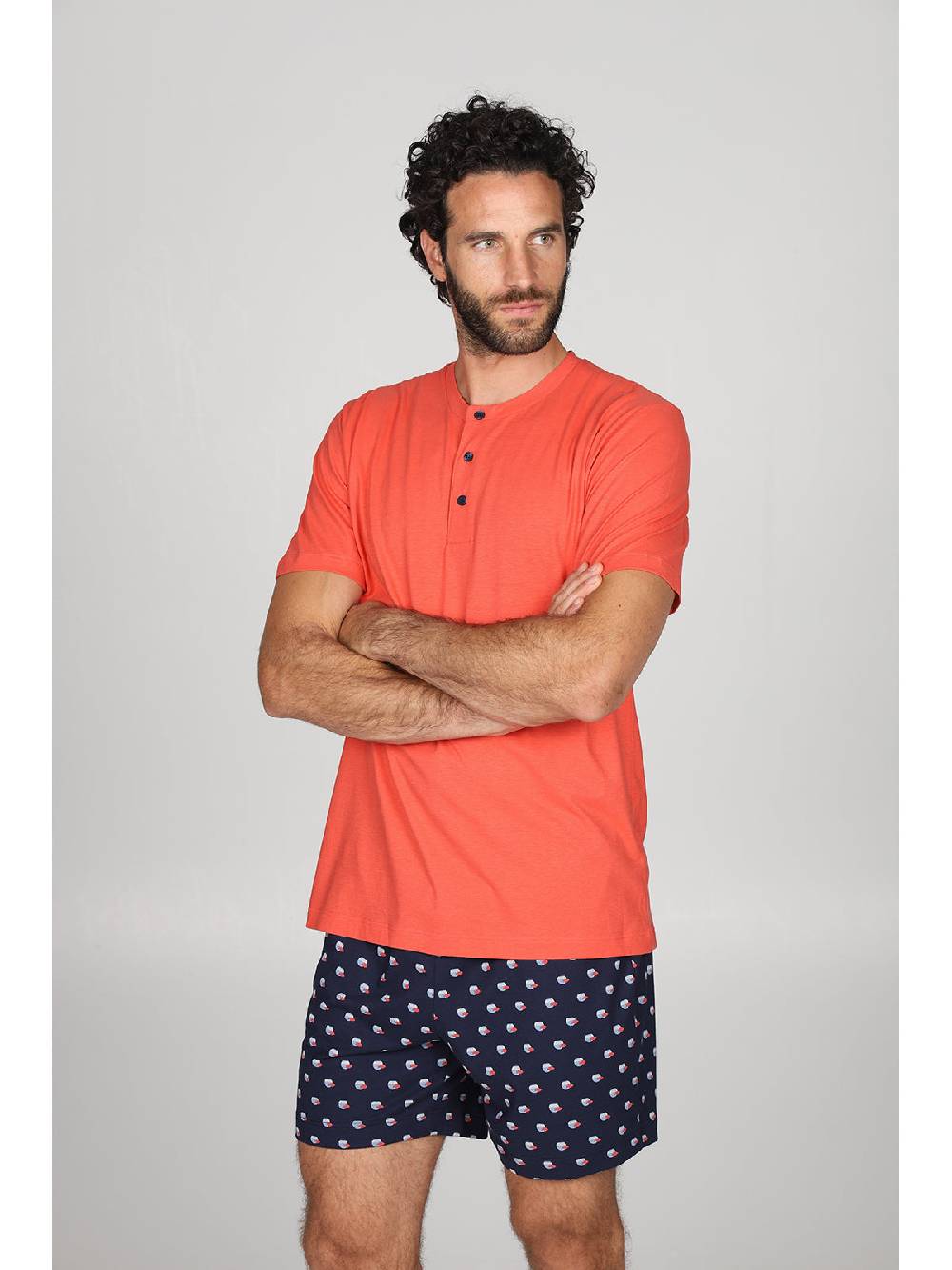 Julipet Pigiama Serafino, In Esclusivo Jersey Di Puro Cotone S/z, Disegno "pesci" Nei Pantaloncini