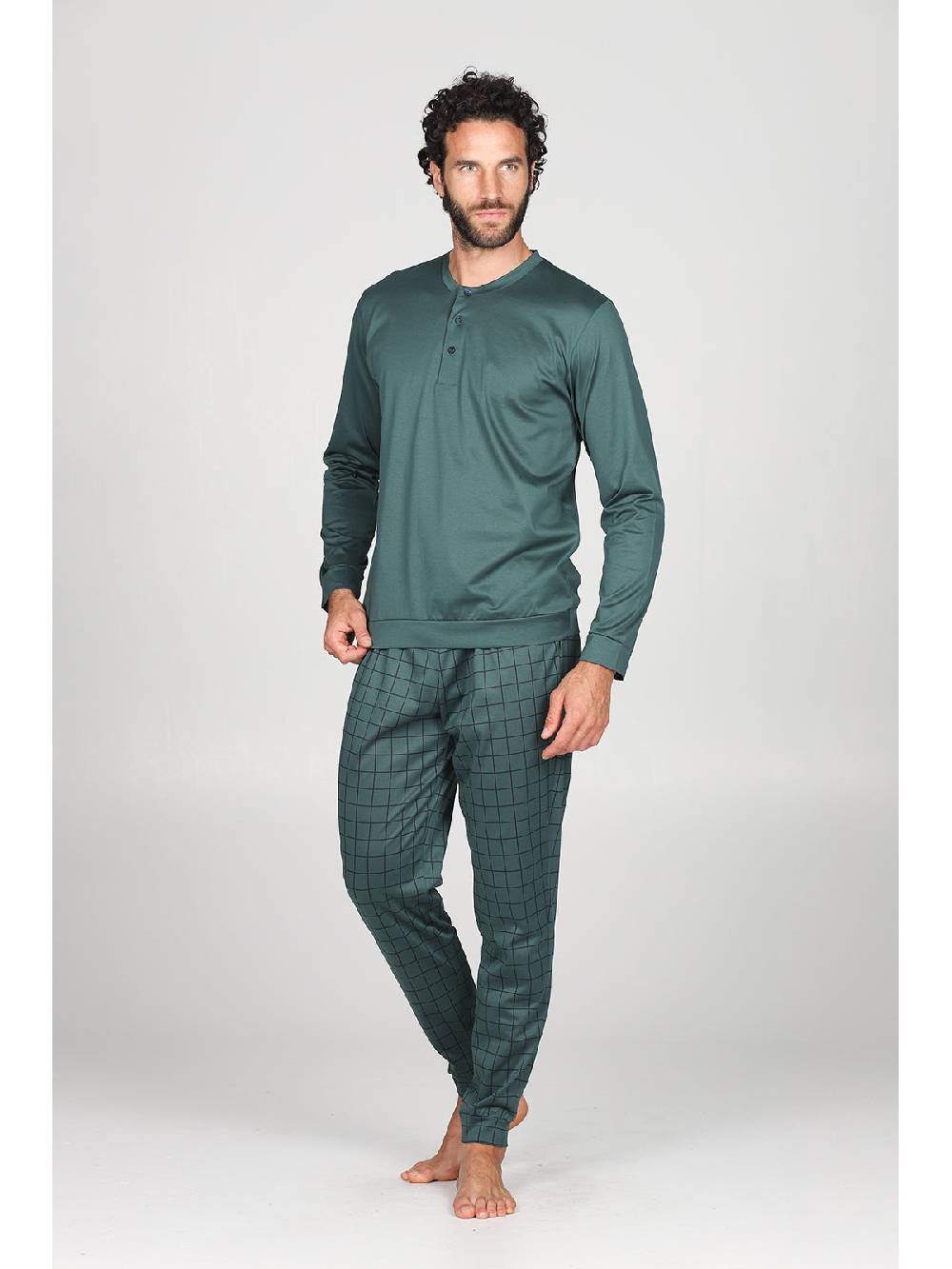 Julipet Pigiama Serafino In Setoso Cotone Mercerizzato, Con Fantasia A Quadri Nei Pantaloni