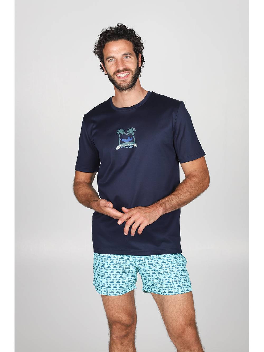 Julipet T-shirt In Jersey Di Puro Cotone Blu, Con Stampa Piazzata "palme"