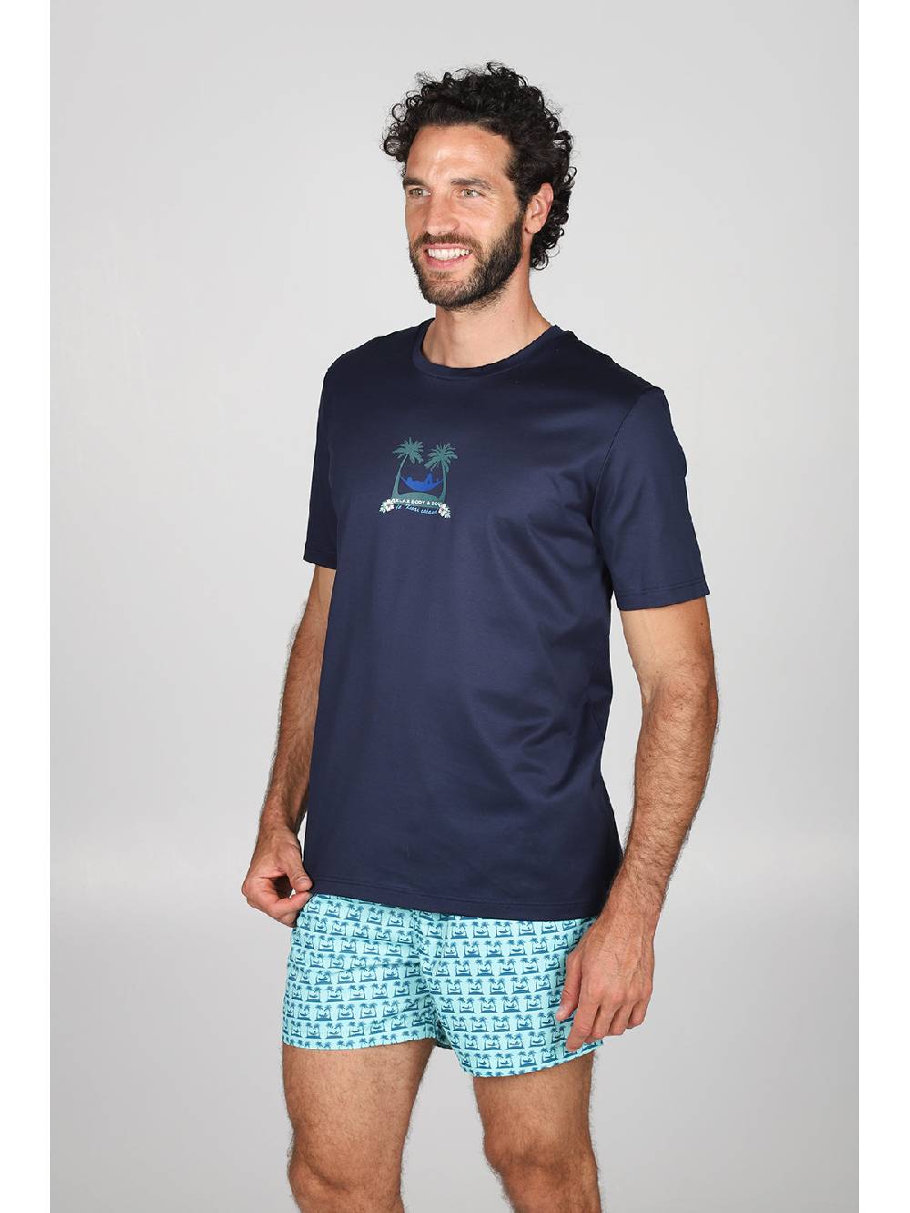 Julipet T-shirt In Jersey Di Puro Cotone Blu, Con Stampa Piazzata "palme"