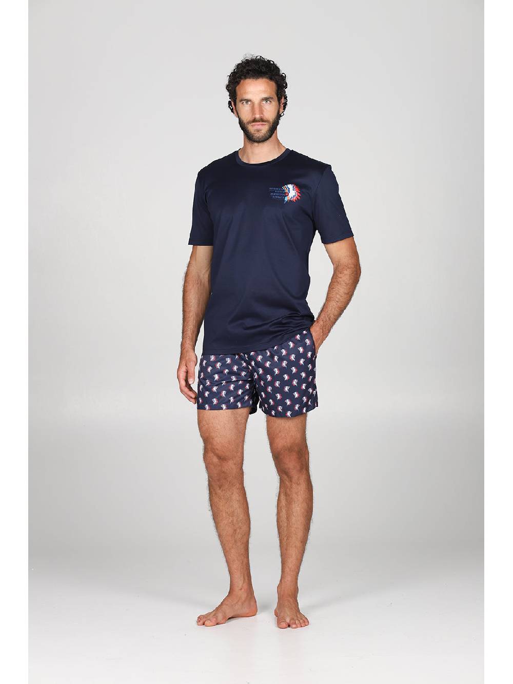 Julipet T-shirt In Jersey Di Puro Cotone Blu, Con Stampa Piazzata "indiano"