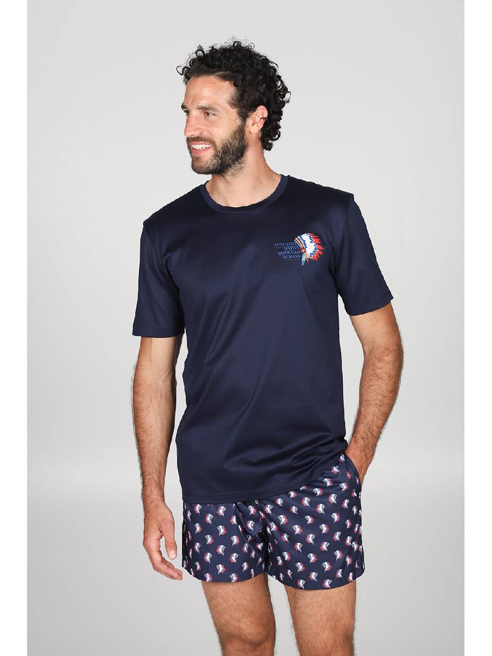 Julipet T-shirt In Jersey Di Puro Cotone Blu, Con Stampa Piazzata "indiano"