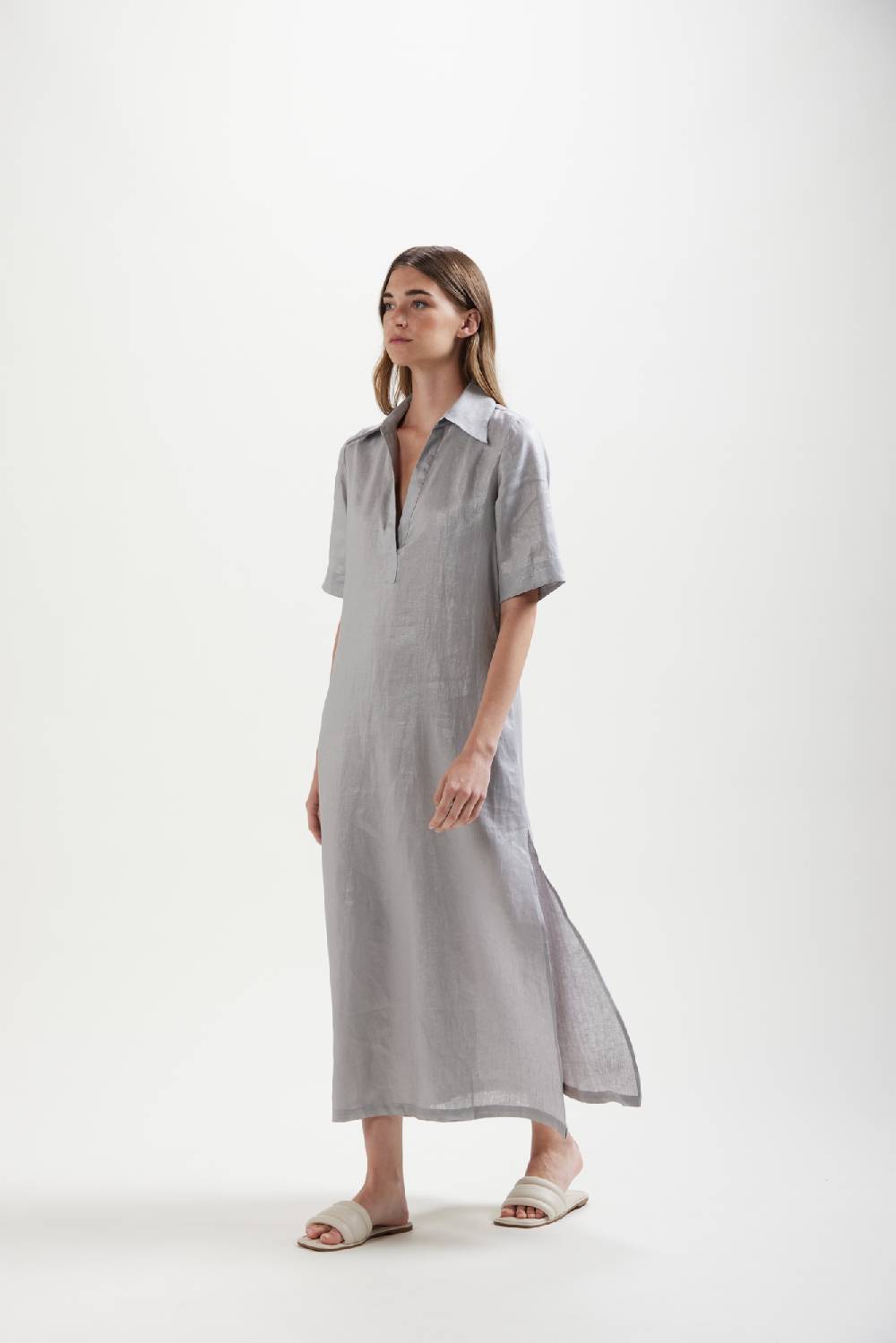 Kangra Cashmere Abito Lungo In Tela Di Lino Con Spacchi