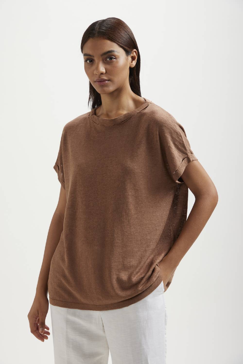 Kangra Cashmere Barchetta Con Buchi Nello Scollo E Giro In Lino