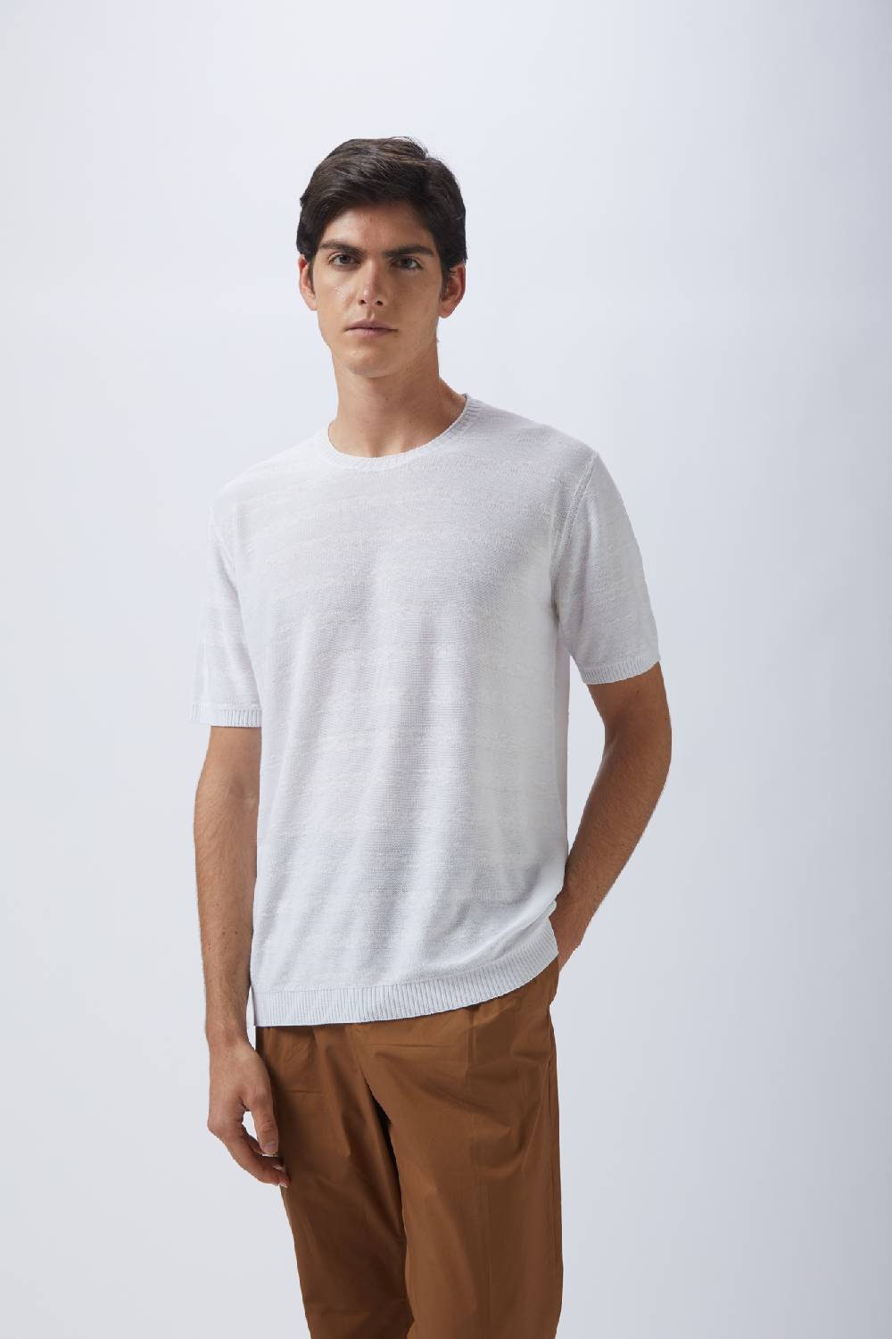 Kangra Cashmere Girocollo Mezza Manica Rigato in Cotone e Lino