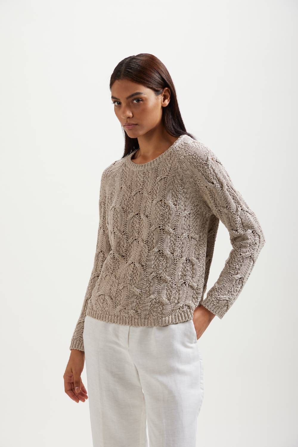 Kangra Cashmere Maglia Girocollo Manica Raglan Con Motivo Di Trecce