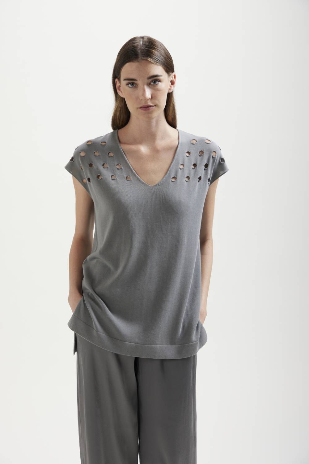 Kangra Cashmere Scollo V Smanicato Con Buchi E Spacchi