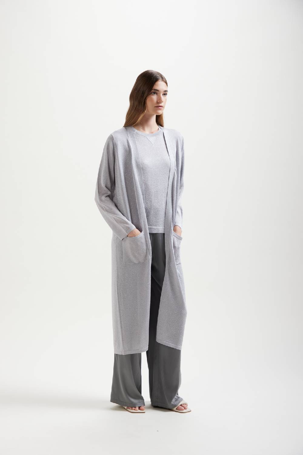 Kangra Cashmere Spolverino Lungo In Lurex Rasato Con Tasche