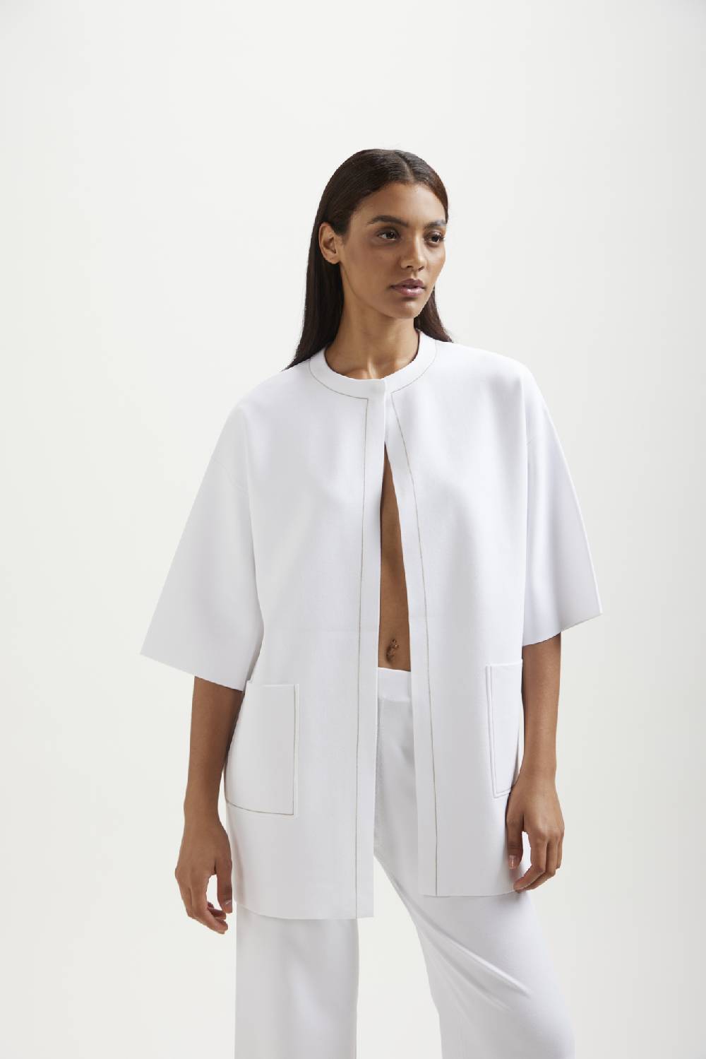 Kangra Cashmere Spolverino Over Punto Milano Con Impuntura A Contrasto