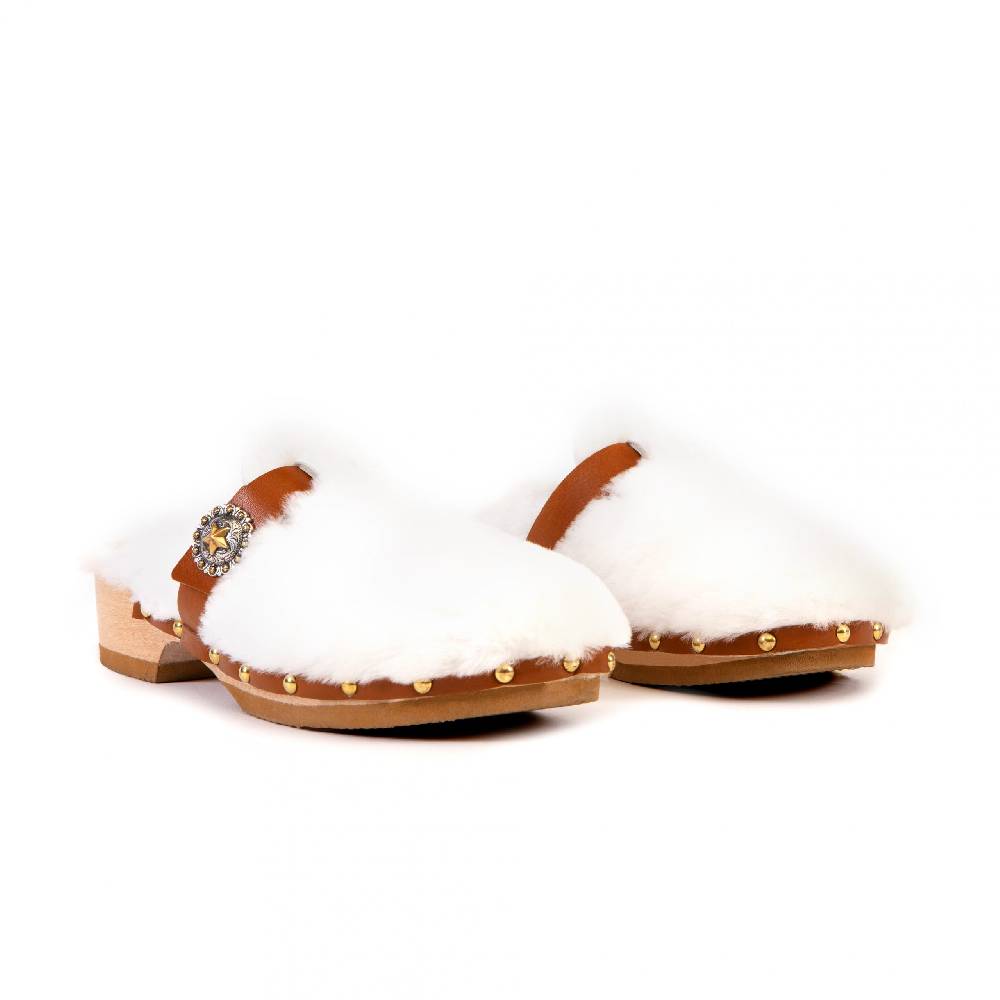 Kate Cate ALLEGRA CLOGS SHEARLING WHITE/BROWN